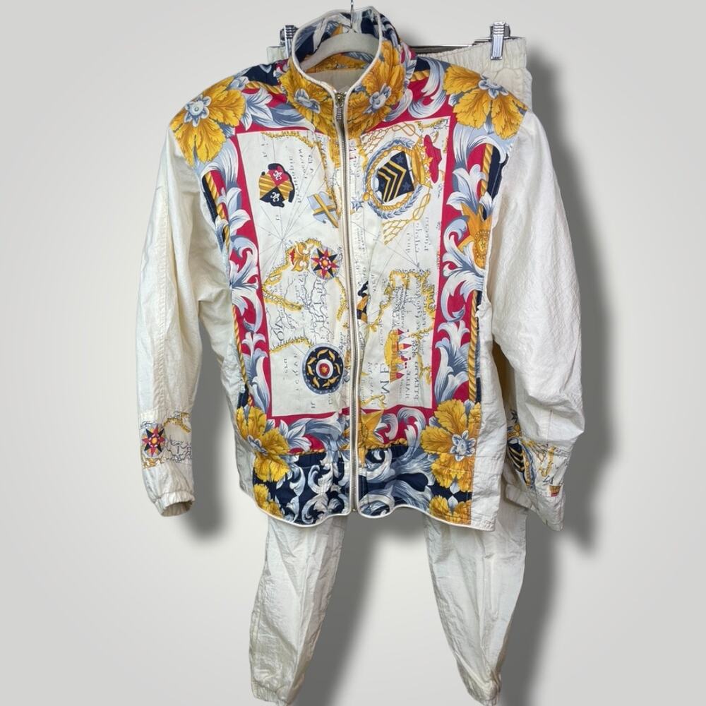 Vintage 90s East West Sportswear Set Jacket Compass Rope Map White Pants